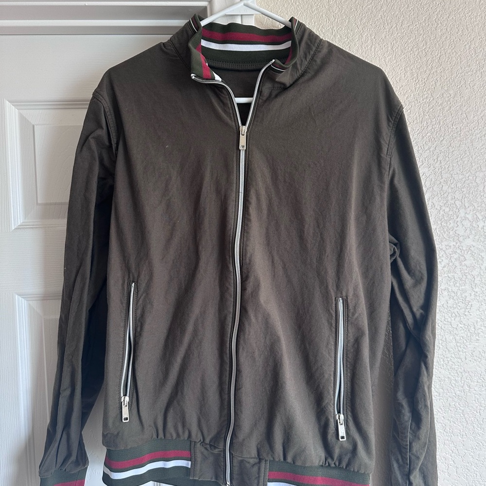 Zara Men's Dark Olive Windbreaker with Striped Accents